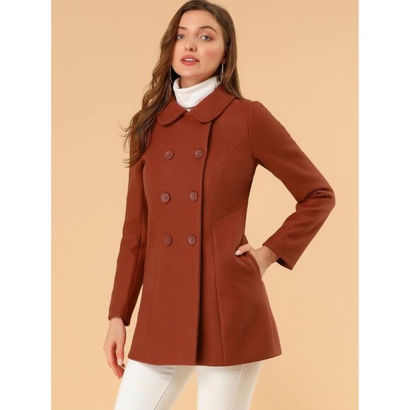 Women's Brown Peter Pan Collar Double Breasted Winter Long Trench Pea Coat - Picture 4 of 5
